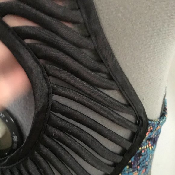 Free People Bodycon Geo Floral Blue Rose Crochet Detail Dress Sz S - Picture 8 of 9